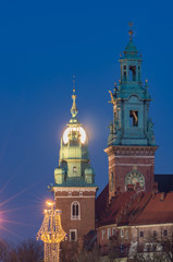 Wawel cathedral towers and full moon, Krakow, Poland