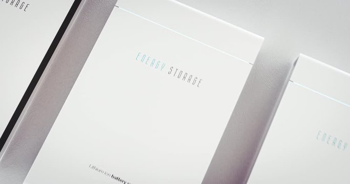 Concept of a residential integrated battery energy storage system. Multiple modern white lithium ion batteries mounted on clean wall. 3d rendering.