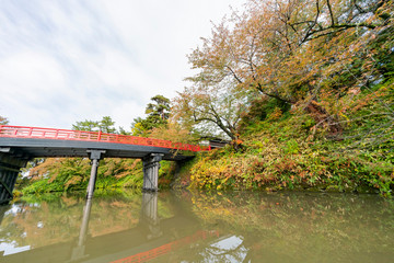 Fototapeta na wymiar Morning view of the moat surrounding Hirosaki Castle