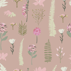 Vector pink seamless pattern background with flowers. 