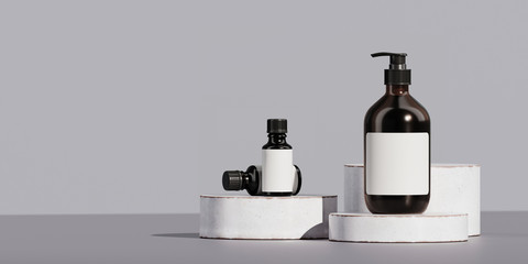 Minimal background for branding and packaging presentation. Cosmetic bottle on white ceramic podium with grey background. 3d rendering illustration.