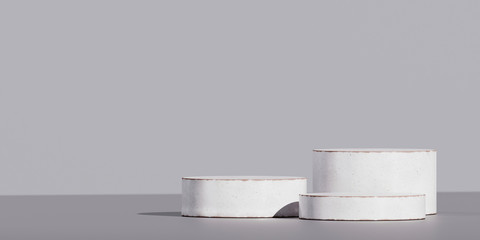 Minimal background for branding and packaging presentation. White ceramic podium on grey background. 3d rendering illustration.