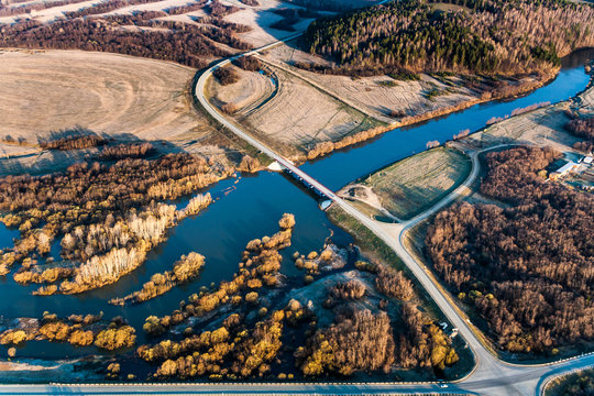 Aerial view of the Russian region in spring in gray and brown tone