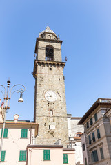 Fototapeta na wymiar Civic (bell) Tower of the Cacciaguerra (Il Campanone) in Pontremoli city, Province of Massa and Carrara, Toscana, Italy