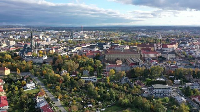 Aerial view of Olomouc cityscape overlooking Gothic spire of Saint Wenceslas Cathedral on sunny autumn day, Moravia, Czech Republic