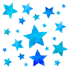 Isolated watercolor illustration of blue stars set 