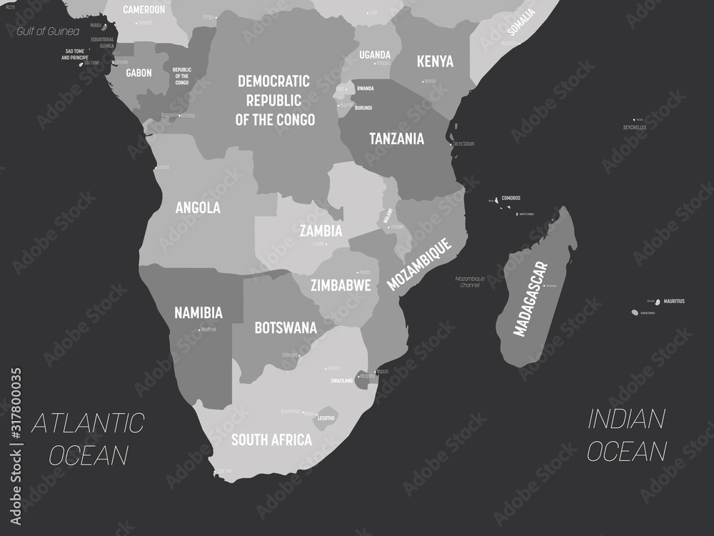Sticker Southern Africa map - grey colored on dark background. High detailed political map of southern african region with country, capital, ocean and sea names labeling - Stickers