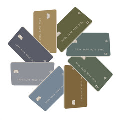 Eight mock generic credit cards or debit cards  in subdued pastel colors are arranged in a circular pattern and isolated on a white background.