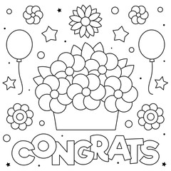 Congrats. Coloring page. Black and white vector illustration.