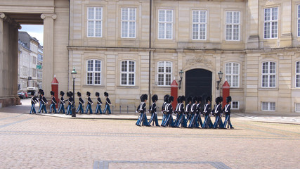 COPENHAGEN, DENMARK - JUL 06th, 2015: Royal Guard in Amalienborg Castle at royal palace in Frederiksstaden district