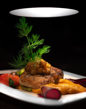 Fresh Grilled Salmon Professional Photograph, Elegant gourmet restaurant 
