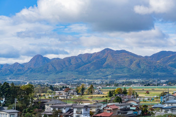 Fototapeta na wymiar Morning high angle view of the rural cityscape near Sendai