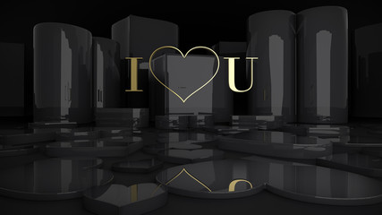 3D luxury I love you. Golden text with black background.