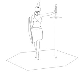 warrior woman character, 3D illustration, sketch, outline