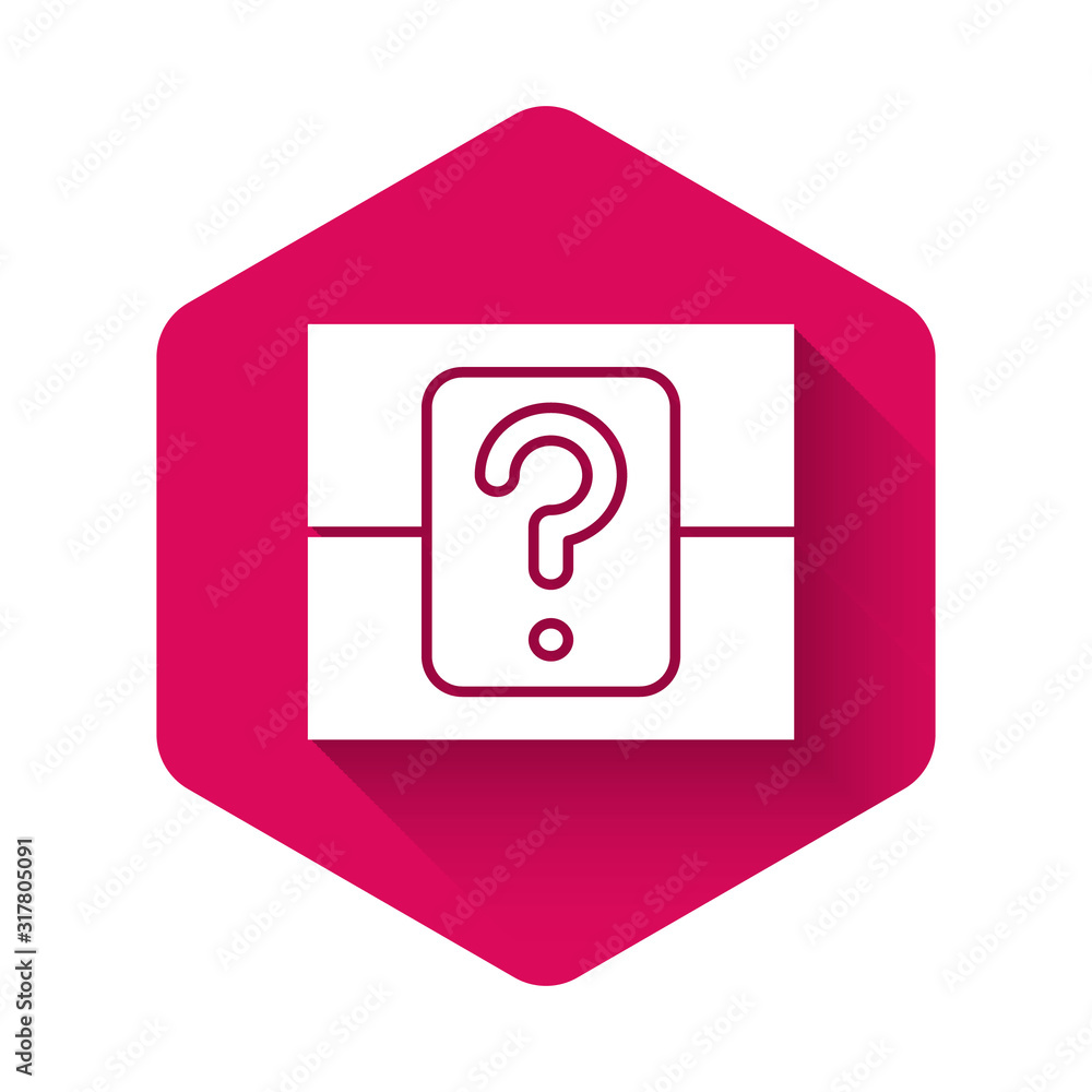 Poster white mystery box or random loot box for games icon isolated with long shadow. question box. pink he