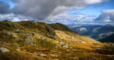 Dramatic rocky features of Beinn a'Chroin a little mountain in Scottish Highlands to the south of Crianlarich.