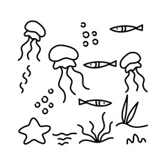 Colorings. Underwater inhabitants and algae, coloring book. Jellyfish and plants. Doodle of marine animals and plants isolated on a white background. Antistress drawing for adults, children