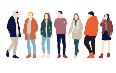Obraz premium Silhouettes of men and women in outerwear, different colors, cartoon character, group of standing and waiking business people, flat icon design concept isolated on white background