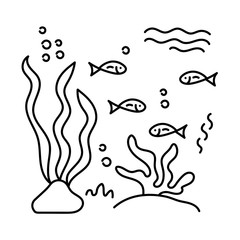 Colorings. Underwater inhabitants and algae, coloring book. Fish and plants. Doodle of marine animals and plants isolated on a white background. Antistress drawing for adults, children