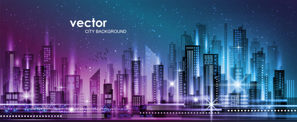 Vector night city illustration with neon glow and vivid colors.