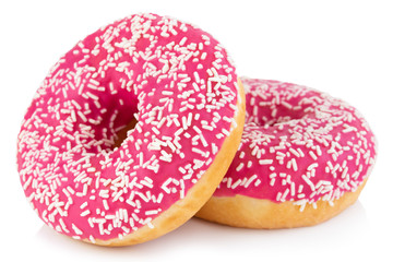 Pink donut with colorful sprinkles isolated on white background