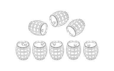 Set of linear images of wooden barrels for wine and pickles with cork. Vector illustration.