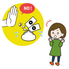 現金の支払い拒否　驚く女性　イラスト