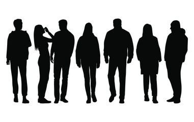 Vector silhouettes of  men and a women, a group of standing  business people, black color isolated on white background