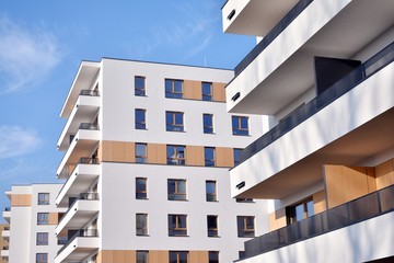 Modern and new apartment building. Multistoried, modern, new and stylish living block of flats.