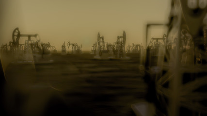 The silhouette of oil pumps in a large oil field at sunrise. Sepia. 3d rendering. 3d illustration