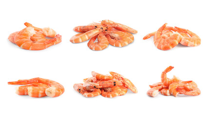 Set of delicious freshly cooked shrimps on white background