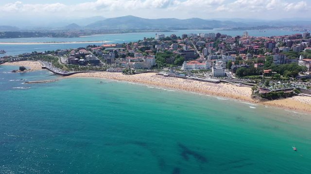 Day aerial cityscape of Santander coast with sand beach, Cantabria,  Spain 