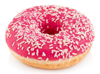 Pink donut with colorful sprinkles isolated on white background
