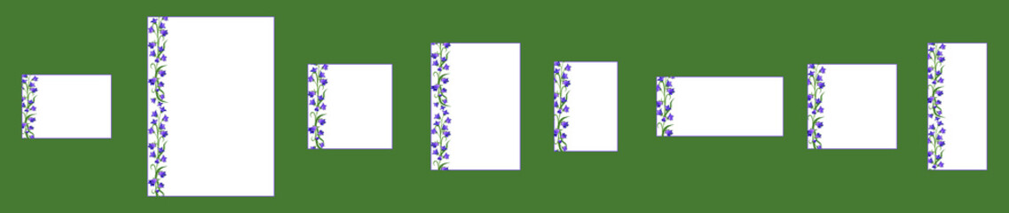 Set of different white cards with a floral pattern and place for text. Blue flowers bluebells with foliage on a white background. Seamless brush in swatches. Pattern with wildflowers.