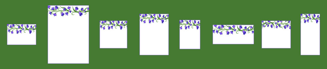 Set of different white cards with a floral pattern and place for text. Blue flowers bluebells with foliage on a white background. Seamless brush in swatches. Pattern with wildflowers.
