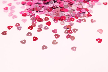 Blur background Conffeti hearts on a pink pastel trendy background Valentine's day festive background