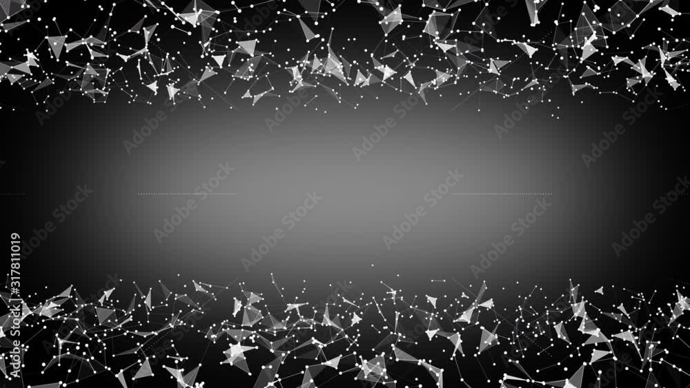 Wall mural 3d rendered abstract surface made of connected triangle shapes with depth of field rotating on black
