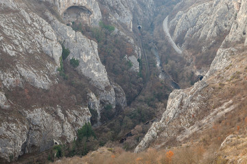 Beautiful view of Sicevo gorge (Sicevacka klisura), with road, railroad and Nisava river passing through narrow rocky canyon
