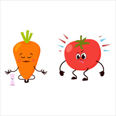 Fresh cartoon characters of vegetables, carrots and tomato, calm and annoyed.