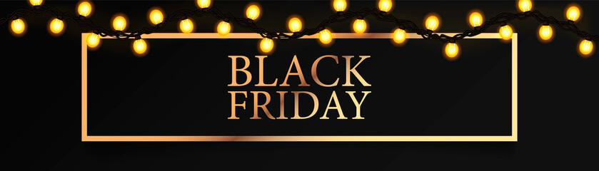 Black Friday, modern horizontal banner, logo golden color with yellow garland on a black background, vector illustration