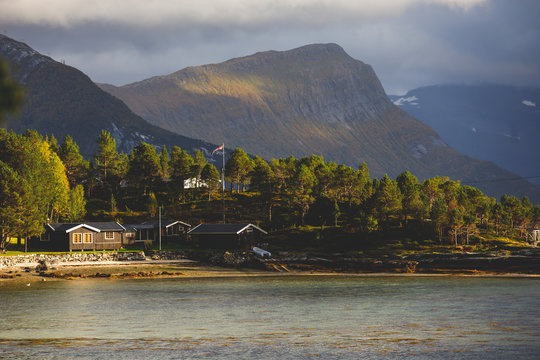 Classic Norwegian cold panoramic landscape of Efjorden fjord, Ballangen municipality, Nordland county, Ofoten district, Norway with Efjord Bridges, Stortinden mountain, Northern Norway