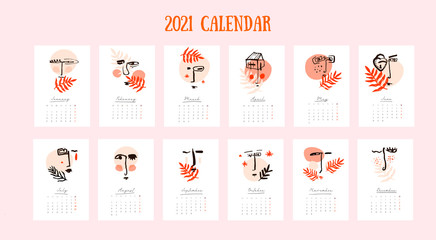 Fototapeta na wymiar 2021 Wall calendar with abstract face in pastel colors. 12 months set. Week starts on Monday. Vertical A4.