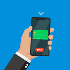 Flat design style vector illustration of modern smartphone with processing of mobile payments from credit card on the screen. Near field communication technology concept.