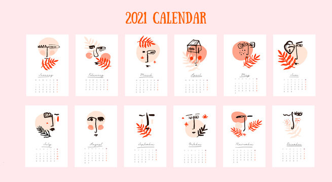 2021 Wall calendar with abstract face in pastel colors. 12 months set. Week starts on Monday. Vertical A4.