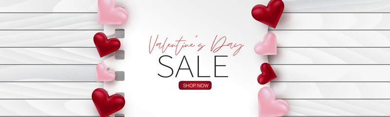 Valentines Day sale banner or header. Background with 3d pink and red hearts. Love design concept. Vector illustration.