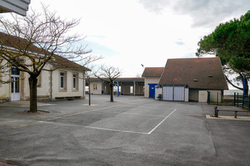children Preschool building empty schoolyards exterior with kid playground