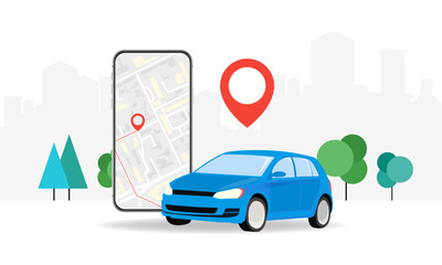 Concepts Online ordering a taxi car using the mobile application service. Smartphone screen on the background of the city with the location of the route and points on the map. Vector illustration