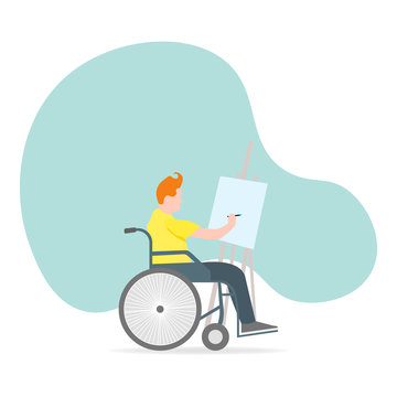 A man in a wheelchair paints on canvas. A symbol of studying in an inclusive school or distance learning. Vector illustration