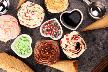 soft ice cream in flavor vanilla, chocolate and strawberry. Delicous creamy refreshing ice cream