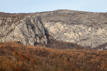 Rocky peaks and vivid autumn colors of the forest on Svrljig (Svrljiske) mountains in Serbia under a clear blue sky